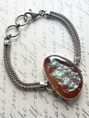 Signed Vintage WW 925 Sterling Silver Dragon Skin Agate Mesh Bracelet